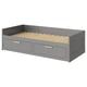 A BRIMNES grey day-bed with two drawers, suitable for small spaces, featuring a wooden slatted base and made from particleboard and pine.