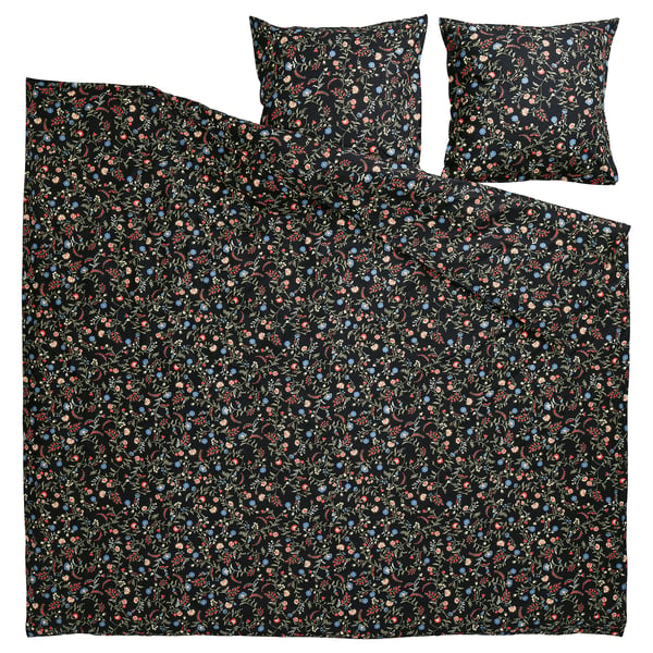 BRUDKRUSBÄR black floral duvet & pillows, organic cotton.
