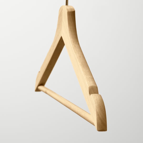 A high-quality wooden hanger, gleaming with polished finish, designed to keep clothes neat and organised.