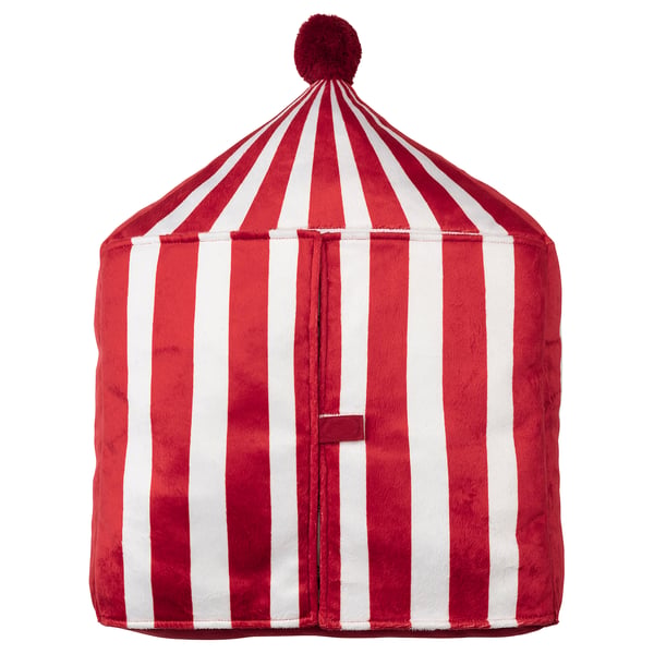 A BUSENKEL circus-themed pillow. Its red and white striped, cone-shaped with a pompom top, made of polyester, and a zip detail.