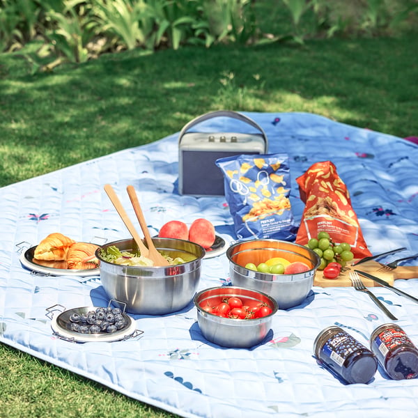 Picnic setup on grass with stainless steel bowls of food, arranged on a quilt with a portable speaker.