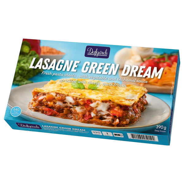 Box of lasagne green dream by dafgards, featuring a golden, cheesy lasagne with vegetables.