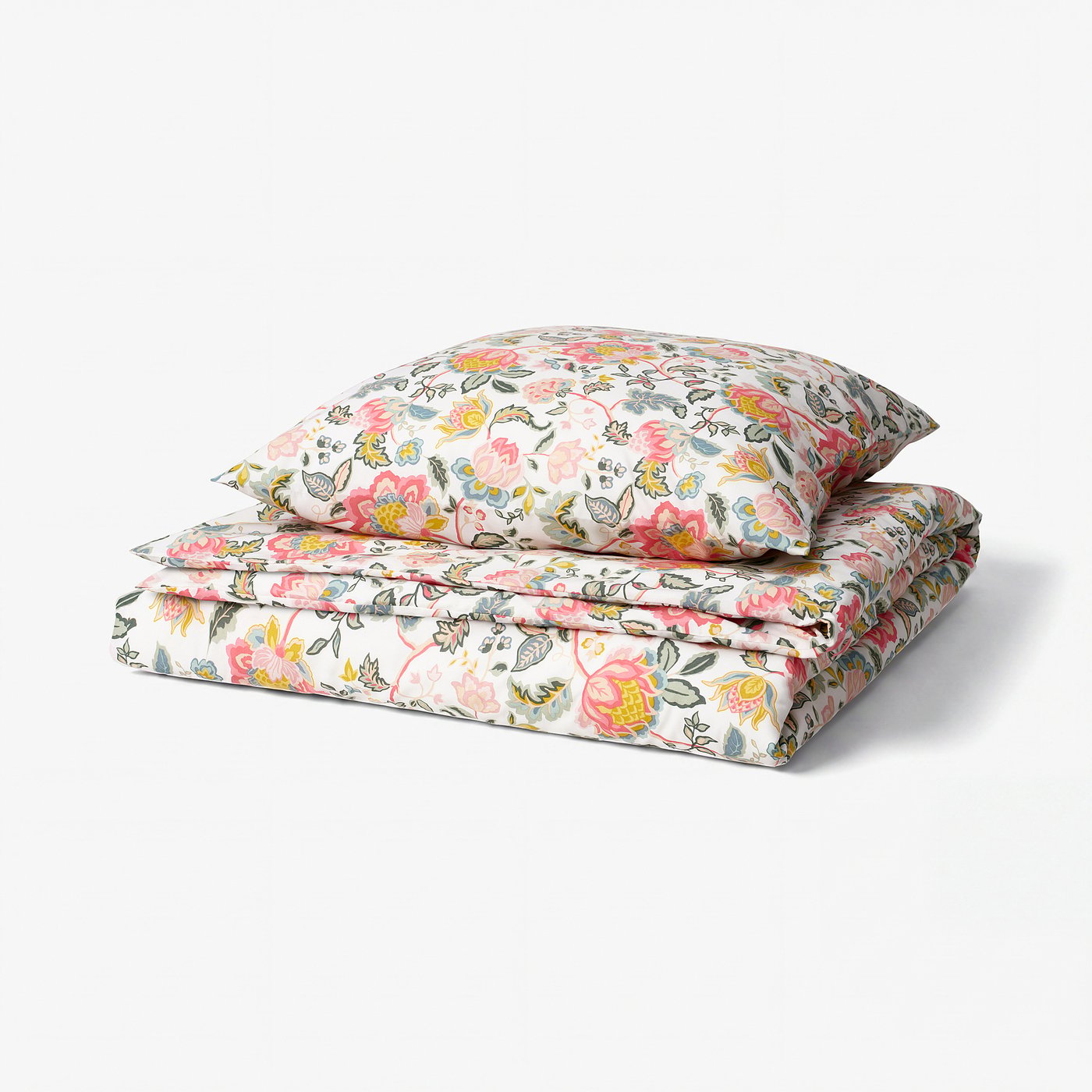 Floral DAGGSALVIA bedding set in white with pink, yellow, and blue flowers; smooth, recycled polyester and viscose; folded neatly.