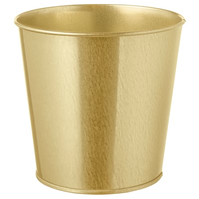 Displays a golden metal planter named DAIDAI. It is cylindrical with a smooth surface, perfect for indoor plants.