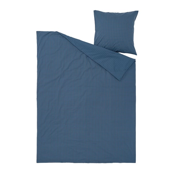 A blue bedding set including a duvet cover and pillowcase, featuring a stitched check pattern, made of 100% cotton.