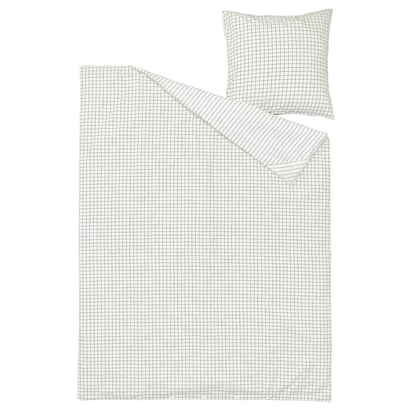 DOFTAKLEJA duvet & pillow in white/anthracite, checkered/striped cotton with corner pockets.