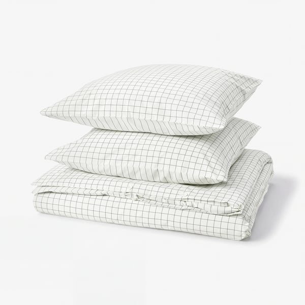 DOFTAKLEJA duvet & 2 pillows, white/anthracite check/stripe, cotton, rectangular, neatly stacked.