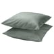 Two square grey-green DVALA pillowcases made of cotton, stacked neatly.
