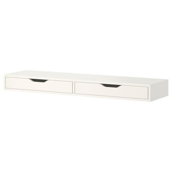 An EKBY ALEX white wall shelf with two drawers. Minimalist design, rectangular shape. Made of particleboard and acrylic paint.