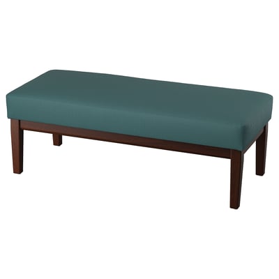 EKENÄSET bench, teal cushion, wooden legs, vintage design.