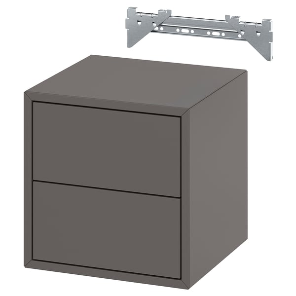 Modern grey two-drawer cabinet with metal rail, sleek and minimalist design.