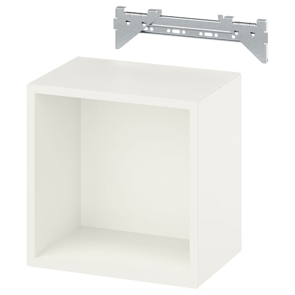 A white EKET cube storage unit with a suspension rail for wall mounting.