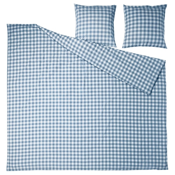 EKTANDVINGE Duvet cover and 2 pillowcases, dark blue white/check, 240x220/80x80 cm