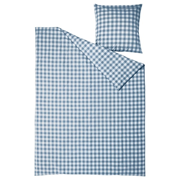 EKTANDVINGE Duvet cover and pillowcase, dark blue white/check, 140x200/80x80 cm
