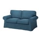 Blue EKTORP loveseat, upholstered in chenille, with rolled arms and cushioned seat.