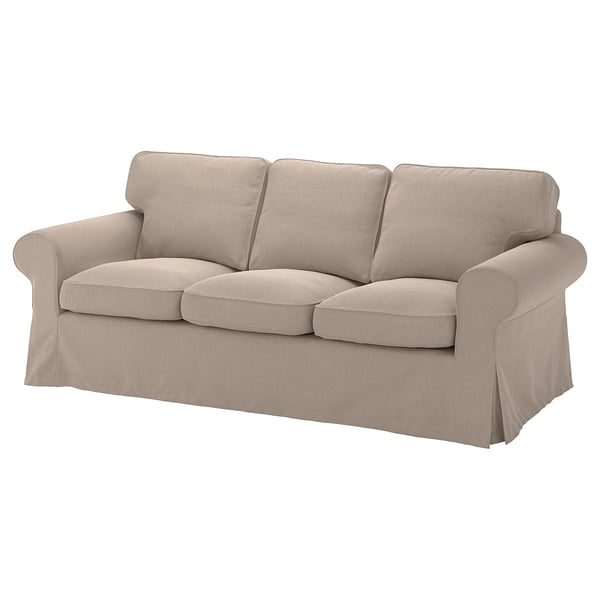 EKTORP beige 3-seat sofa with soft, rolled arms and thick cushions, covered in cotton and polyester.
