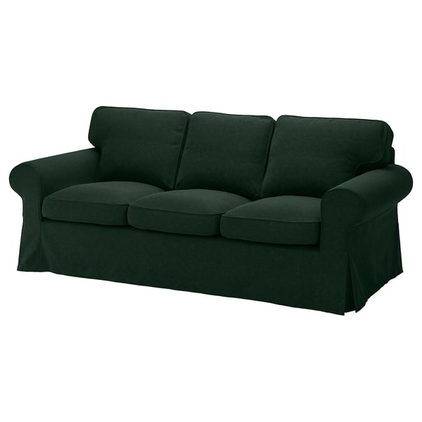 Pictured is a dark green, three-seater EKTORP sofa with a classic design and comfortable, removable cushions.
