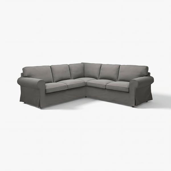 Modern grey l-shaped corner sofa with rolled arms and cushioned seats.
