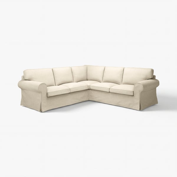 EKTORP beige corner sofa, soft rolled arms, thick cushions, linen-like cover, modern classic design.