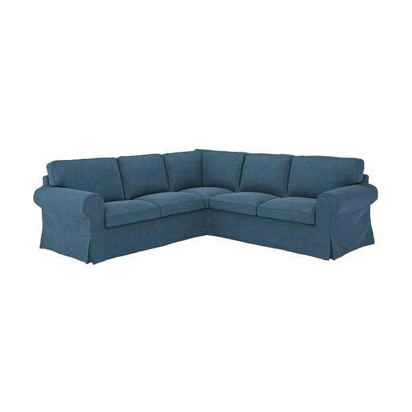EKTORP sectional sofa, blue, with rolled arms, thick cushions.