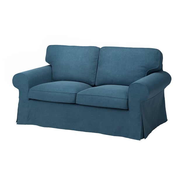 EKTORP blue couch, soft chenille cover, rolling arms, thick cushions.
