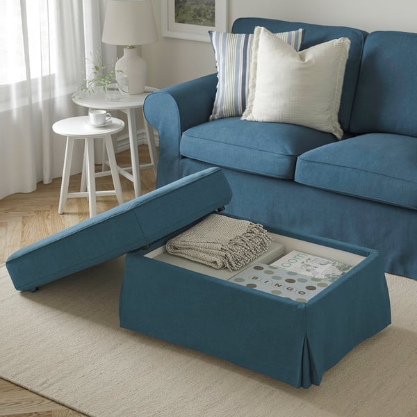 EKTORP Footstool with storage, Tallmyra blue