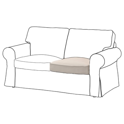 Line drawing of modern white sofa with rolled arms and cushions.
