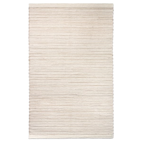 Handwoven ENERGIKÄLLA rug, neutral colours, cotton, rectangular, textured stripes.