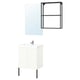 Modern bathroom setup with white cabinet, sleek sink, and mirror; industrial-style metal accents.
