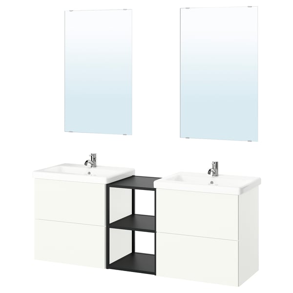 Modern bathroom vanity set with dual white sinks, two tall mirrors, and a black shelves unit.