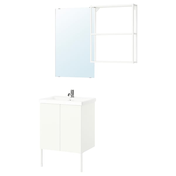 White modern bathroom setup. Includes vain, storage, mirror, and shelves with clean lines and minimalist design.