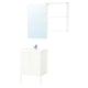 White modern bathroom setup. Includes vain, storage, mirror, and shelves with clean lines and minimalist design.