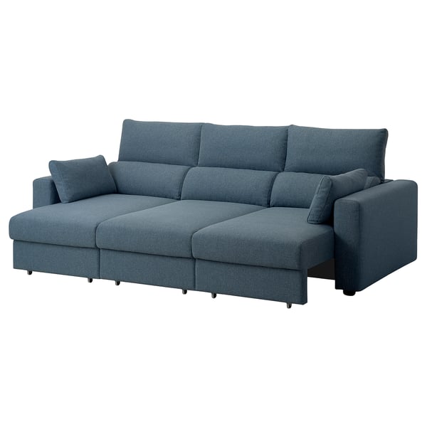ESKILSTUNA blue sofa; l-shaped, high back, plush fabric, adjustable cushions.