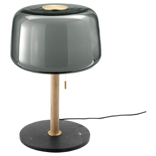 EVEDAL lamp: green glass, brass, marble base. Scandinavian style, mood & task lighting.