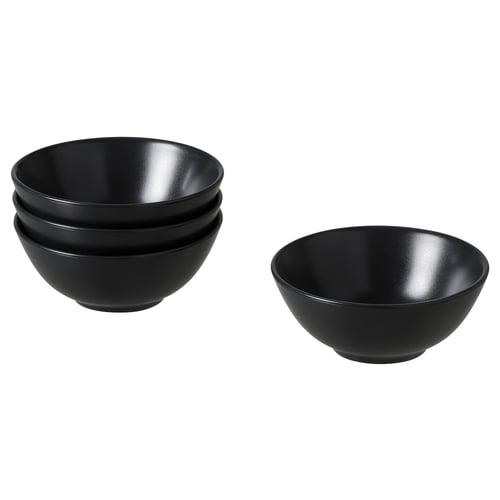 Stack of four FÄRGKLAR black stoneware bowls with simple design.