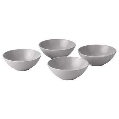 Four matching grey ceramic bowls, minimally designed, arranged in a diamond formation against a white background.