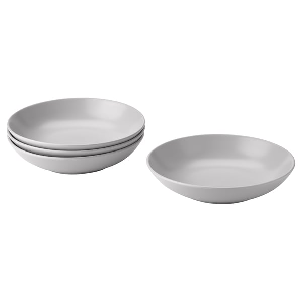 Four grey FÄRGKLAR deep stoneware dinner plates, simple design.