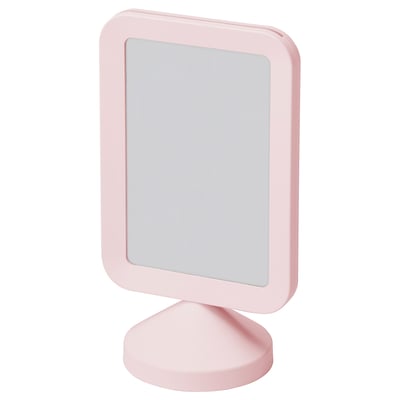 A pink FIKONTRÄD photo frame with a square shape and no back panel, allowing for double-sided display. Made of abs plastic and polystyrene.