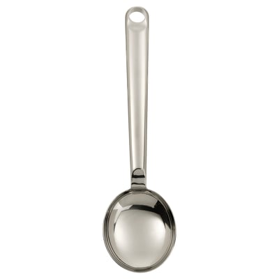 Stainless steel FINMAT spoon, round bowl, long handle with hole, sleek design.