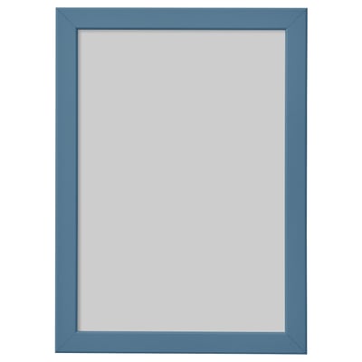 A blue square FISKBO picture frame. Its simple and modern with a plastic front for safety.