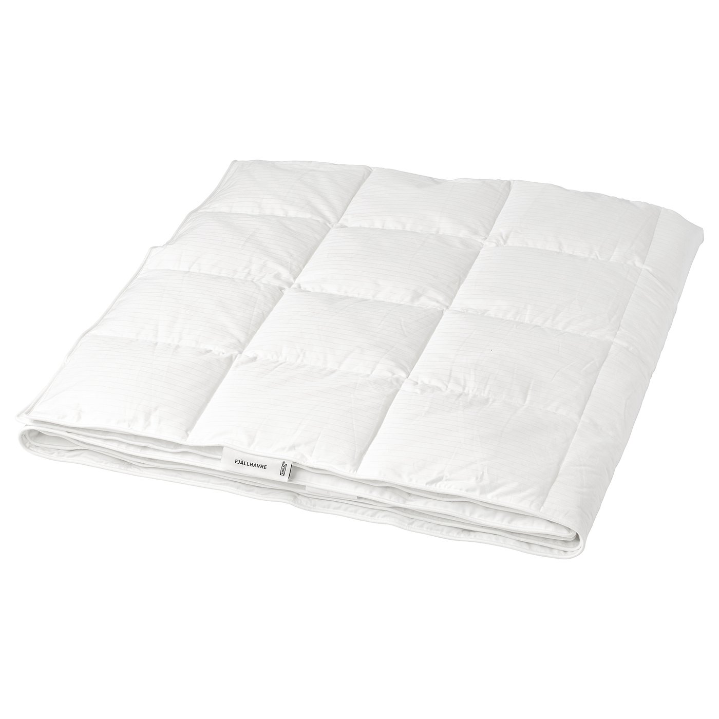 A white FJÄLLHAVRE duvet with a box-stitch pattern, filled with 90% duck down and 10% feathers, laid flat against a white background.