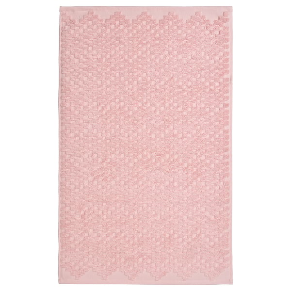 FJÄLLKATTFOT pale pink bath mat, rectangular, soft cotton terry with textured pattern.