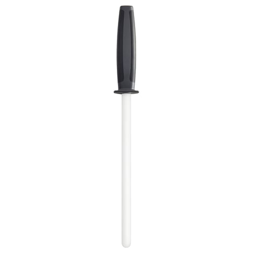 FLAKSA knife sharpener: sleek white body, black grip, ergonomic design for comfortable use.