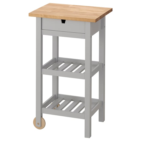 Grey FÖRHÖJA trolley with wooden top, wheels, drawer, two shelves.
