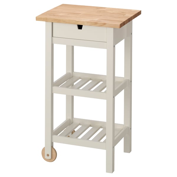 White & wood ikea FÖRHÖJA kitchen cart with drawer & slatted shelves.