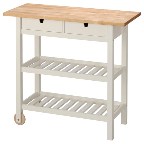 A FÖRHÖJA white/birch kitchen cart with wooden top, two drawers, and bottle shelves on wheels.