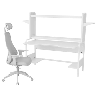 White gaming desk and chair set. Desk has shelves, cutouts, and cable management. Chair has mesh back, adjustable armrests, and headrest.