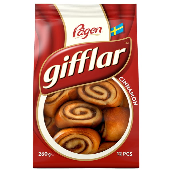 Gifflar cinnamon pastry box by pagen, showing spiral pastries, 260g, 12 pieces.