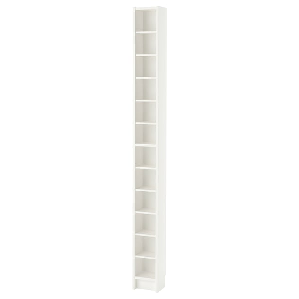 White GNEDBY bookshelf, slim, tall, adjustable shelves, modern design, particleboard, and fiberboard materials.