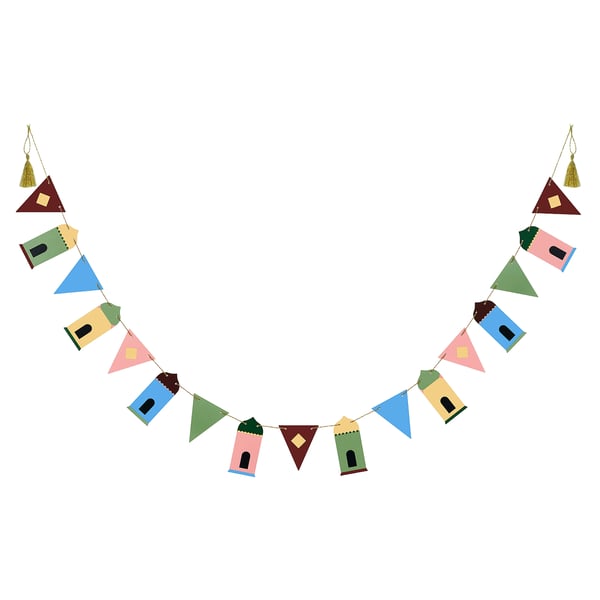 GOKVÄLLÅ garland colourful paper houses and triangular flags, hanging against a white background. Festive, decorative, easy to fold and store.
